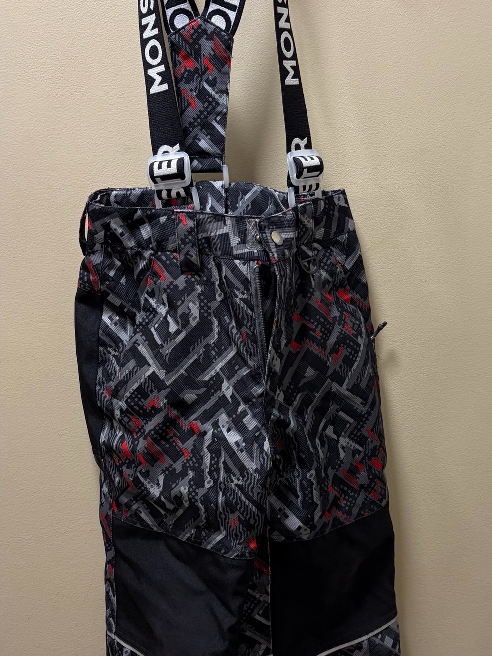 Monster Kids Black & Gray Patterned Snow Pants with Removable Suspenders